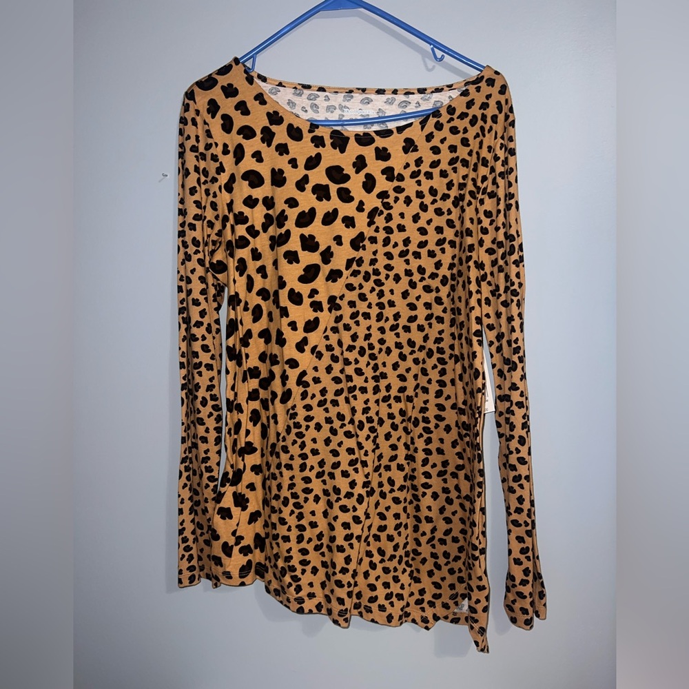 Kim Rogers Tan and Brown Leopard Print Long Sleeve Blouse